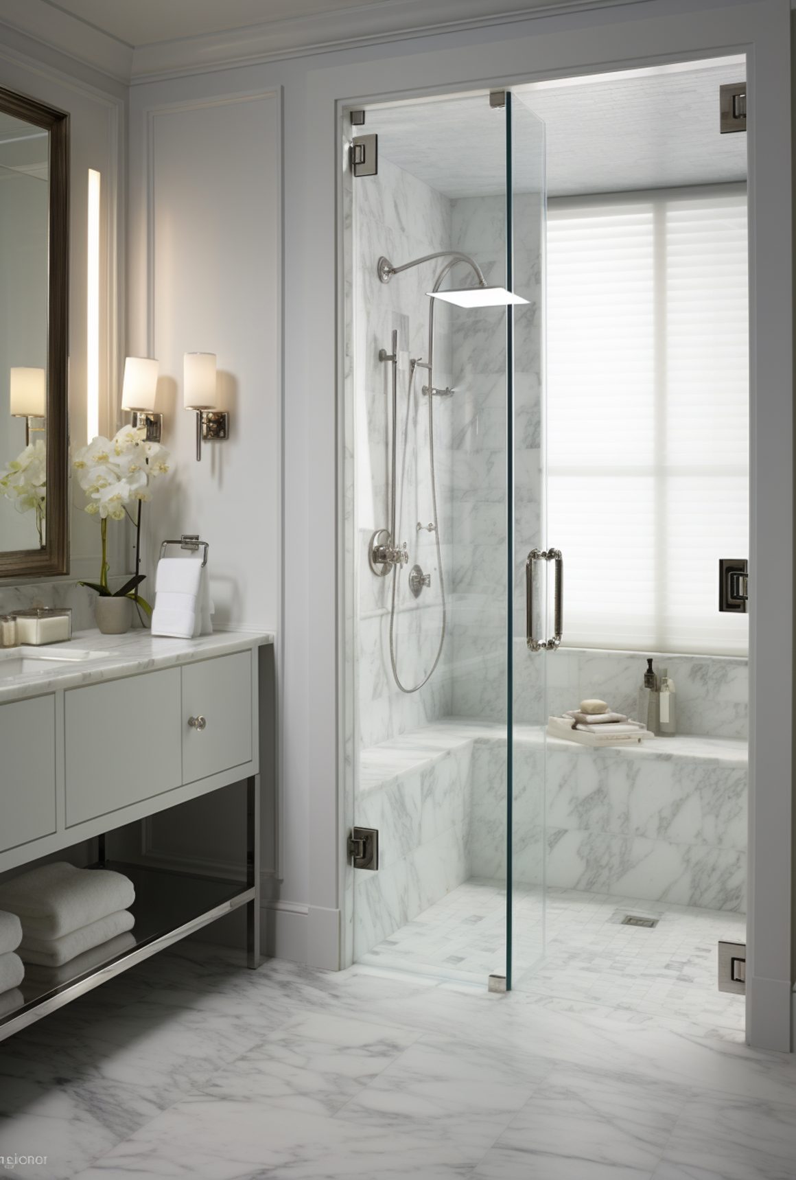 Salle de bain en marbre blanc, douche vitrée, banc intégré, lavabo moderne, éclairage doux et plantes