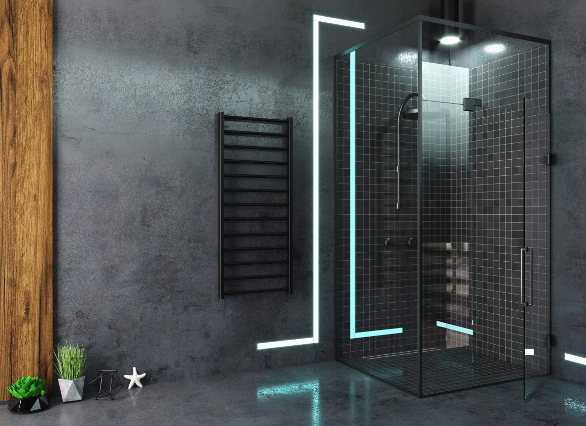 Salle de bains design industriel : douche noire en verre, murs gris, accessoires minimalistes et plantes