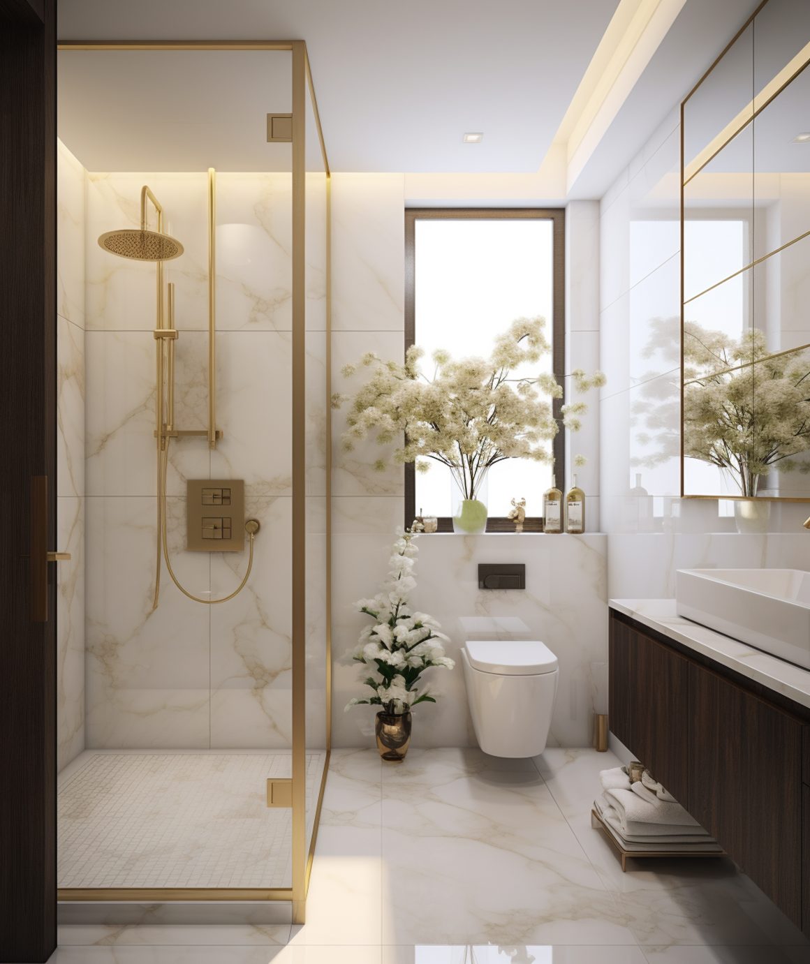 Salle de bains en marbre blanc incluant lavabo élégant, douche dorée et plantes
