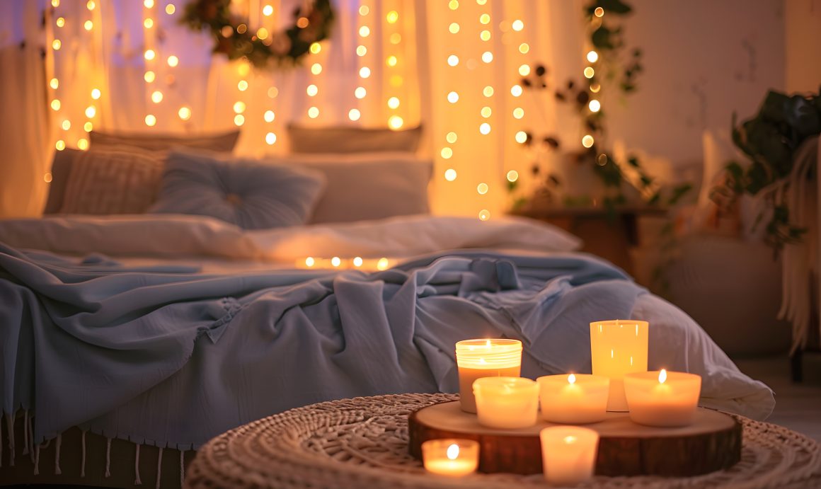Ambiance romantique avec lumières douces et bougies allumées