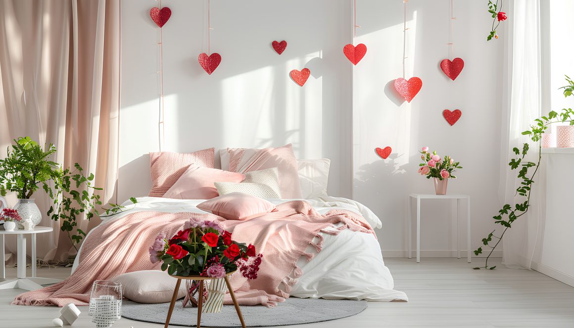 Déco Saint Valentin chambre rose et blanche avec cœurs suspendus, plantes et bouquet de roses sur table basse