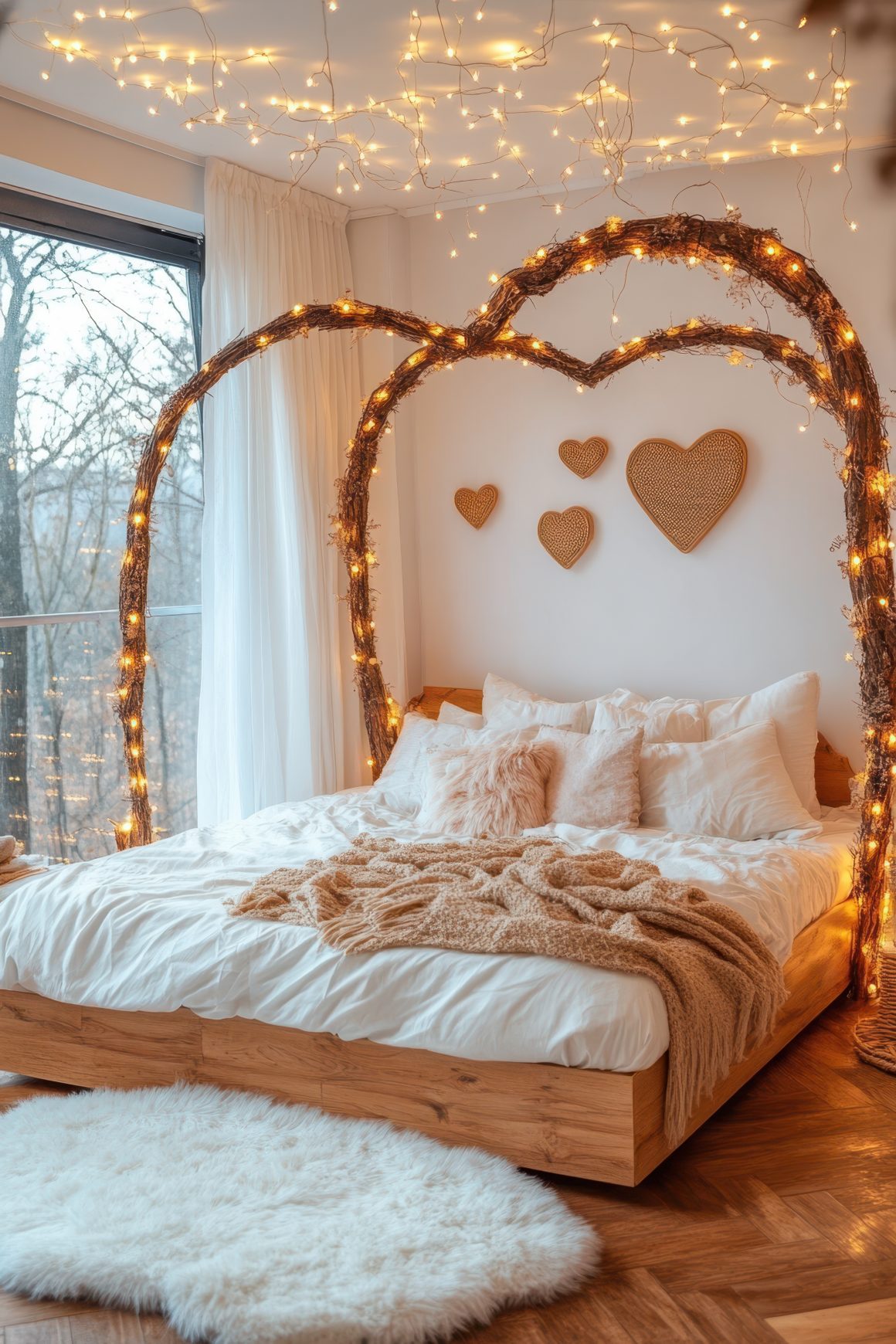Chambre romantique avec lit en bois, guirlandes lumineuses en forme de cœur et coussins pelucheux