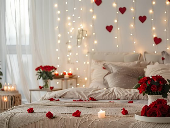 Déco Saint-Valentin avec lumières tamisées, pétales de roses rouges, bougies allumées et coussins moelleux