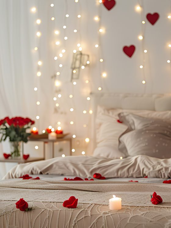 Déco Saint-Valentin avec lumières tamisées, pétales de roses rouges, bougies allumées et coussins moelleux