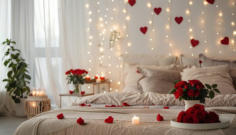 Déco Saint-Valentin avec lumières tamisées, pétales de roses rouges, bougies allumées et coussins moelleux