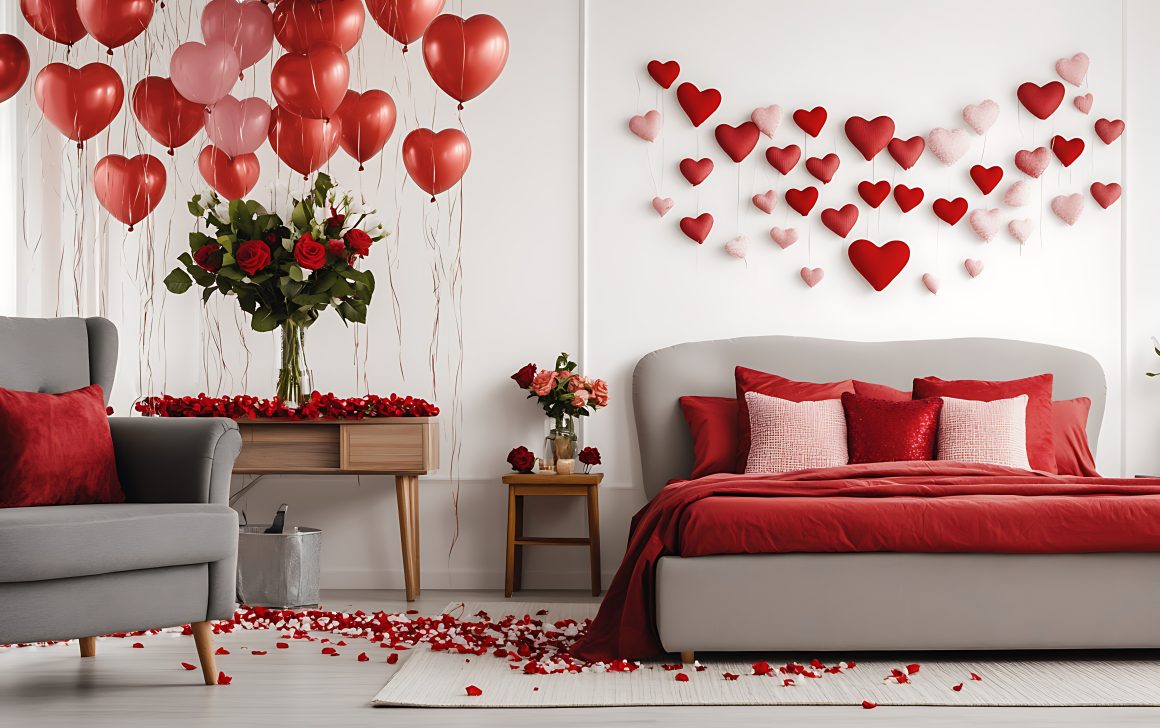 Chambre romantique décorée de cœurs rouges, ballons et pétales, lit rouge élégant et fauteuil gris