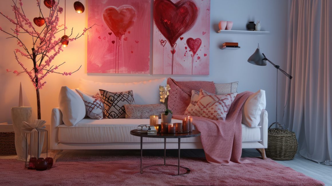 Salon romantique: avec canapé blanc, décor rose, cœurs artistiques, luminaires doux et tapis peluche