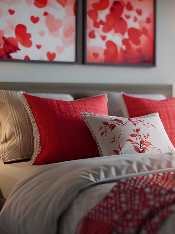 Décoration chambre adulte romantique avec coussins rouges, bougies, guirlandes lumineuses et tableaux cœurs
