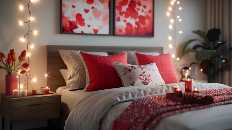 Décoration chambre adulte romantique avec coussins rouges, bougies, guirlandes lumineuses et tableaux cœurs