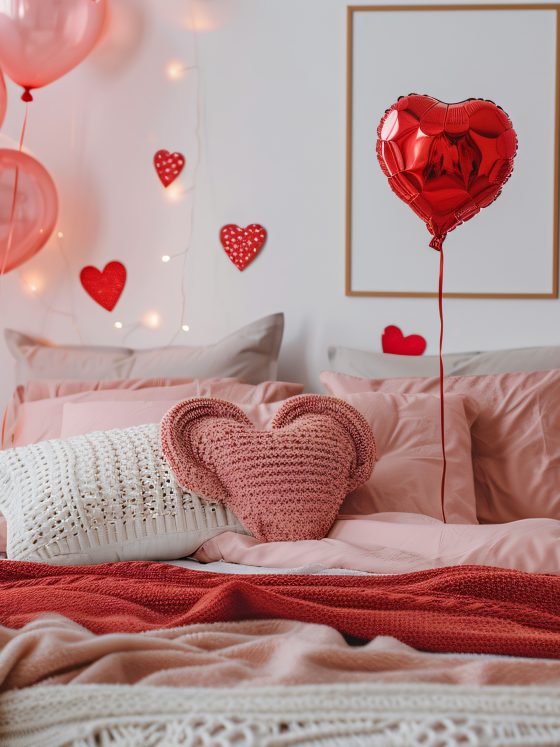 Chambre romantique décorée de tons roses et rouges, ballons en forme de cœur et éclairage tamisé