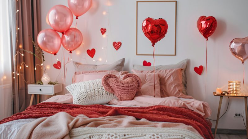 Chambre romantique décorée de tons roses et rouges, ballons en forme de cœur et éclairage tamisé