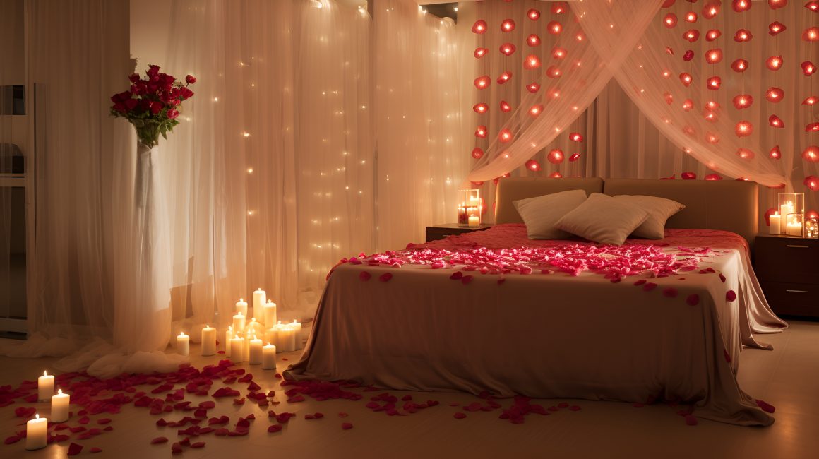 Décoration chambre pour Saint Valentin avec éclairage tamisé, pétales rouges sur lit, bougies, voilages et guirlandes lumineuses
