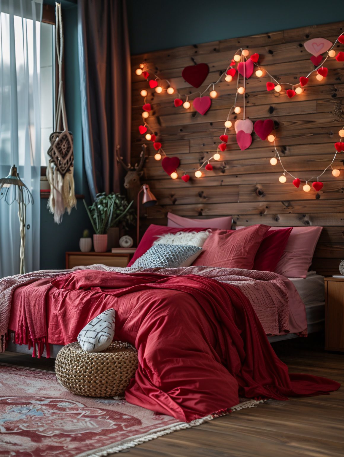 Décoration romantique chambre en bois avec guirlandes de cœurs lumineux, textiles rouges et textures confortables