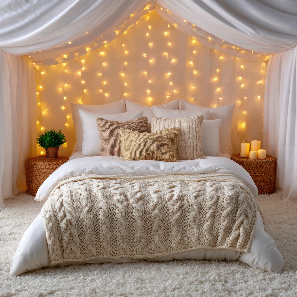 Chambre cosy romantique aux tons crème, incluant guirlandes lumineuses, plaids tricotés, coussins douillets et bougies