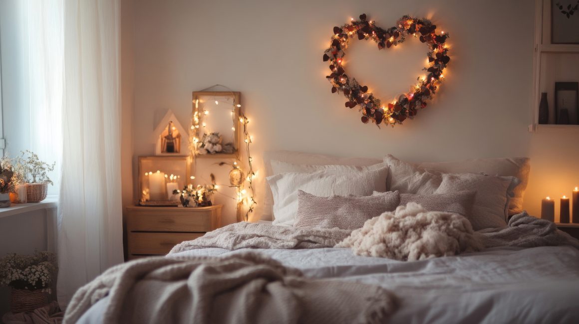 Chambre chaleureuse avec lumières tamisées, guirlandes en cœur, coussins moelleux et bougies