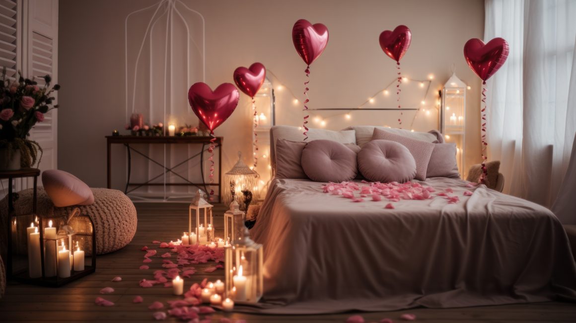 Décoration Saint-Valentin pour chambre incluant lit douillet, pétales de rose, bougies, guirlandes et ballons
