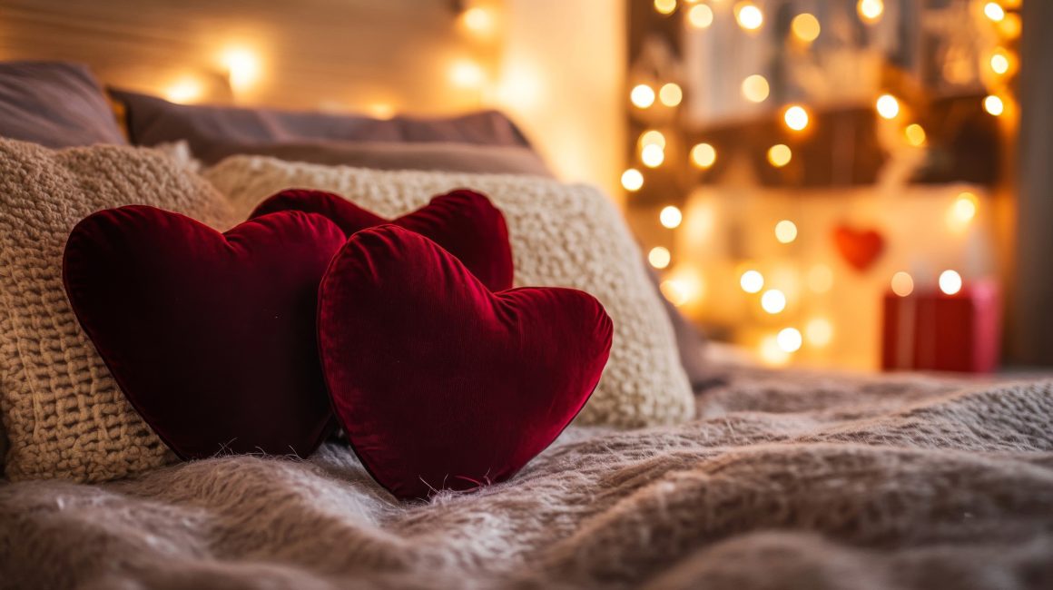 Deux coussins rouges en forme de cœur sur lit avec lumières chaleureuses.