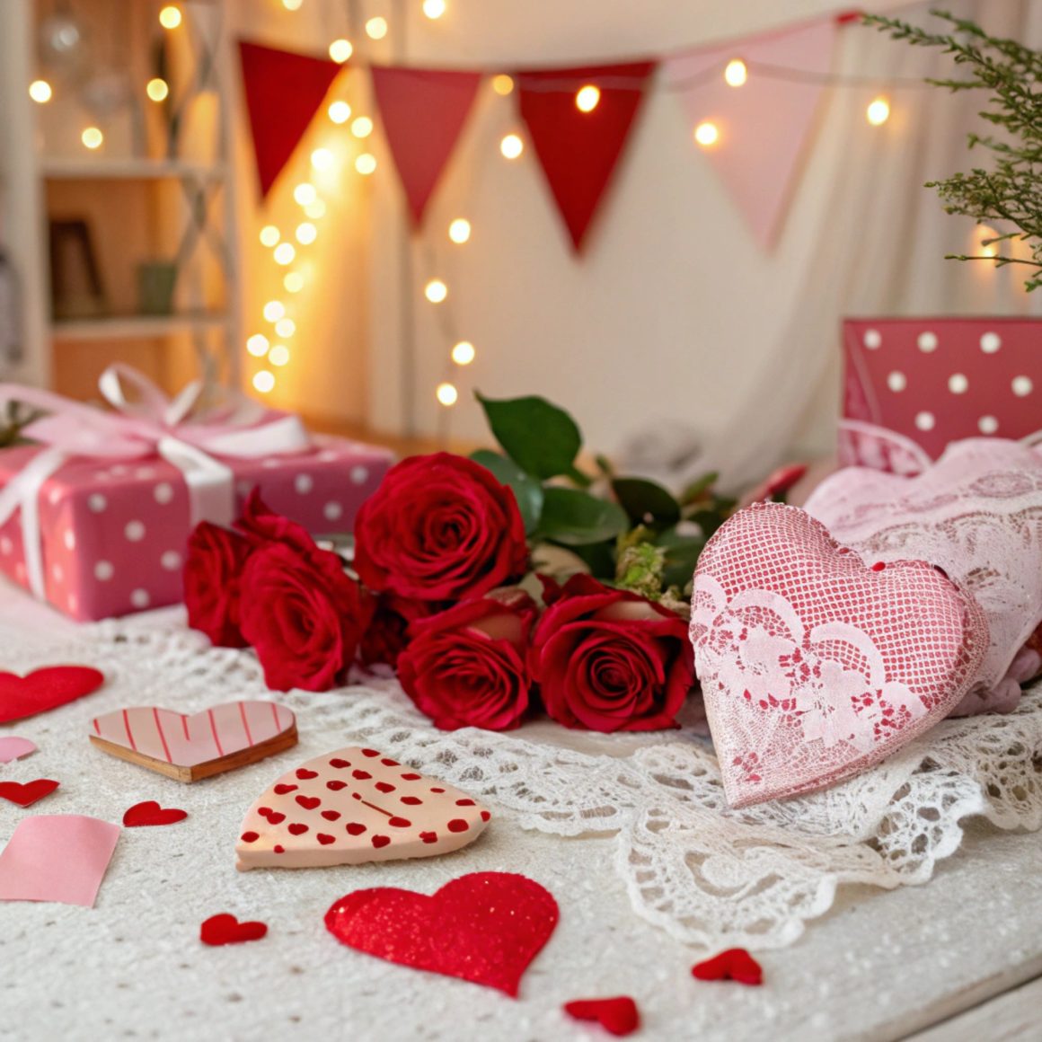 Décoration Saint-Valentin : roses rouges, cœurs en tissu, cadeaux roses à pois et guirlandes lumineuses