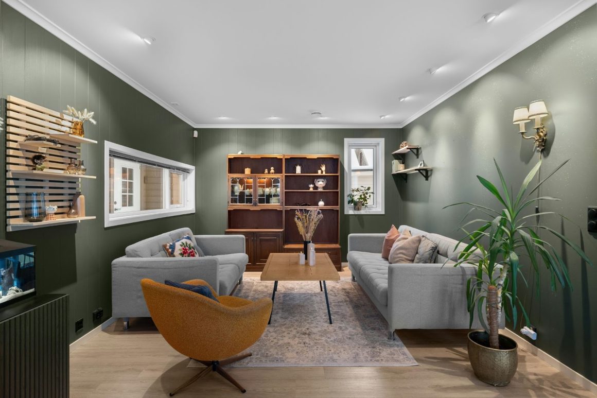 salon a deux couleurs, pour la faire allonger le plafond est peint en blanc et les murs en plus foncee