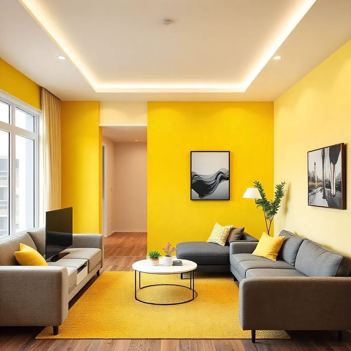 salon lumineux peint en jaune a deux tons evoquant optimisme et gaiete en parfaite harmonie avec la decoration