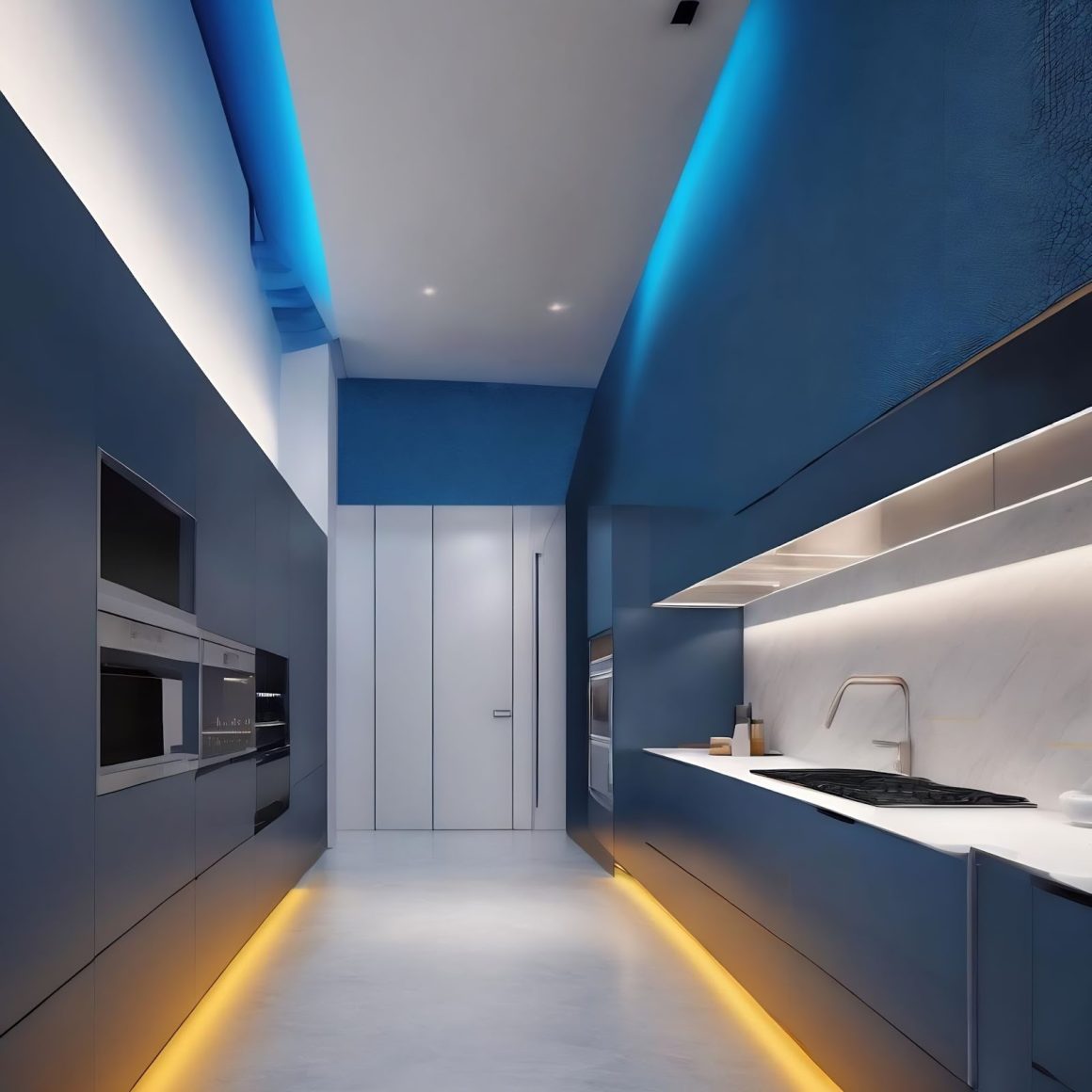 Jumelage de couleurs, foncee sur les murs de cote et blanc au plafond