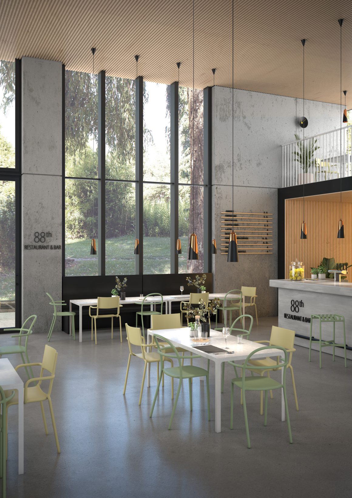 Aménagement restaurant avec grandes baies vitrées, mobilier pastel, luminaires suspendus et bar