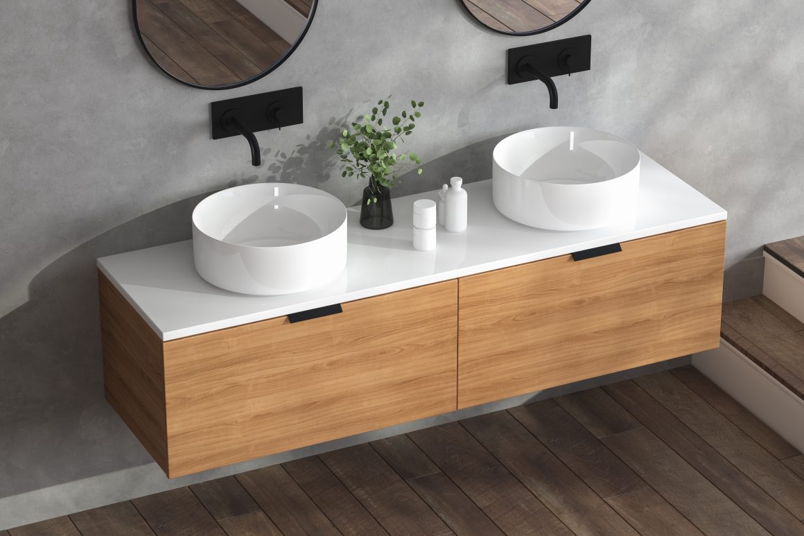 Meuble lavabo flottant en bois avec dessus blanc, deux vasques rondes, robinets muraux noirs et miroirs