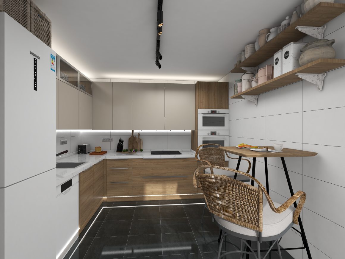 Cuisine avec façades claires, armoires en bois , appareils encastrés, étagères ouvertes et table en bois
