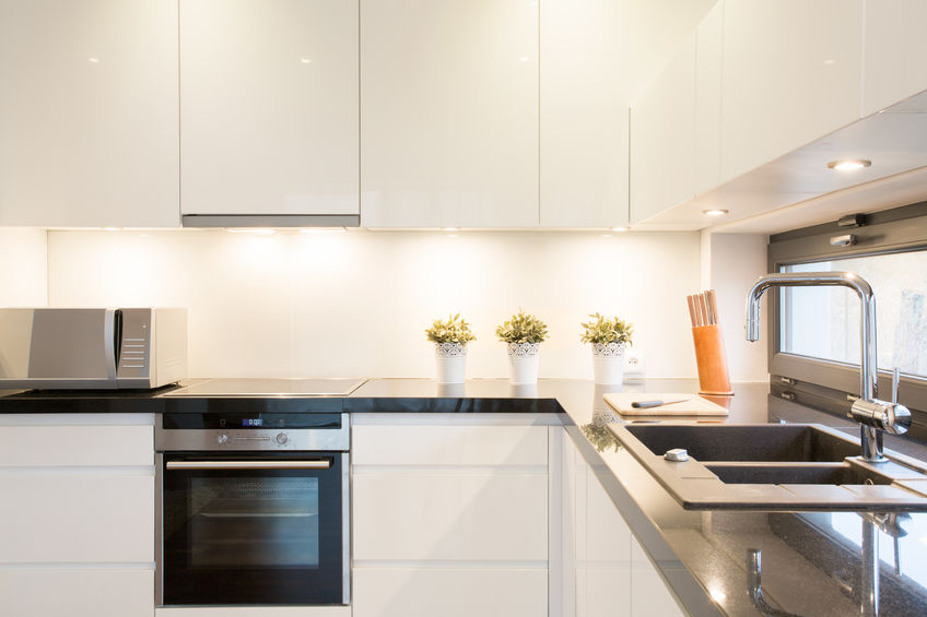Cuisine moderne blanche avec plans noirs, électroménager inox, plantes en pot et évier près de la fenêtre.