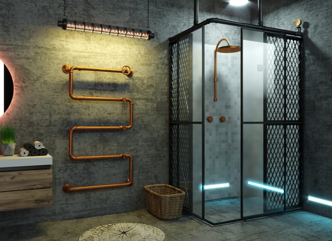 Salle de bains industrielle incluant douche avec paroi en métal, murs gris foncé, panier en rotin et plantes