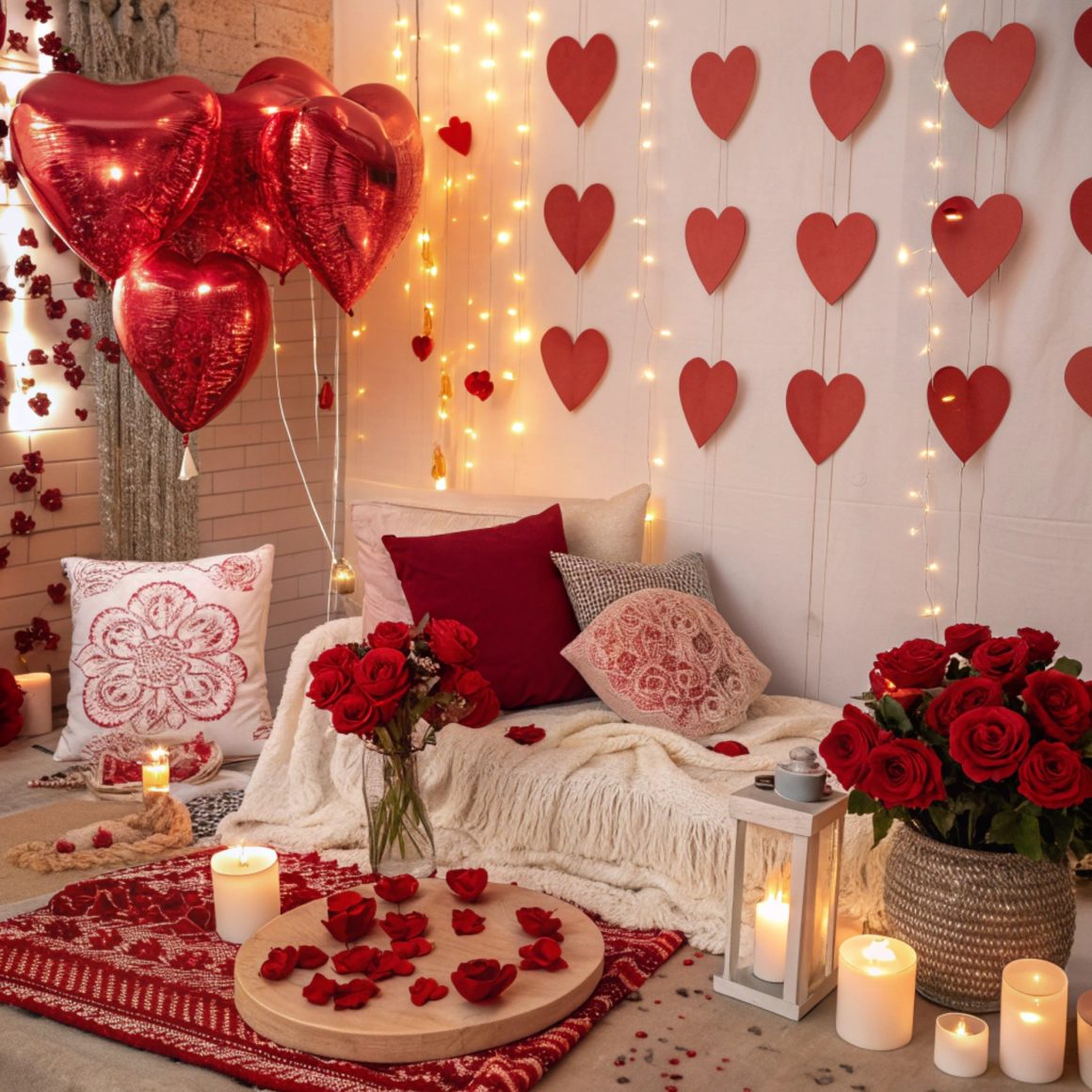 Coin romantique décoré avec coussins, pétales de rose, bougies, guirlandes lumineuses et ballons