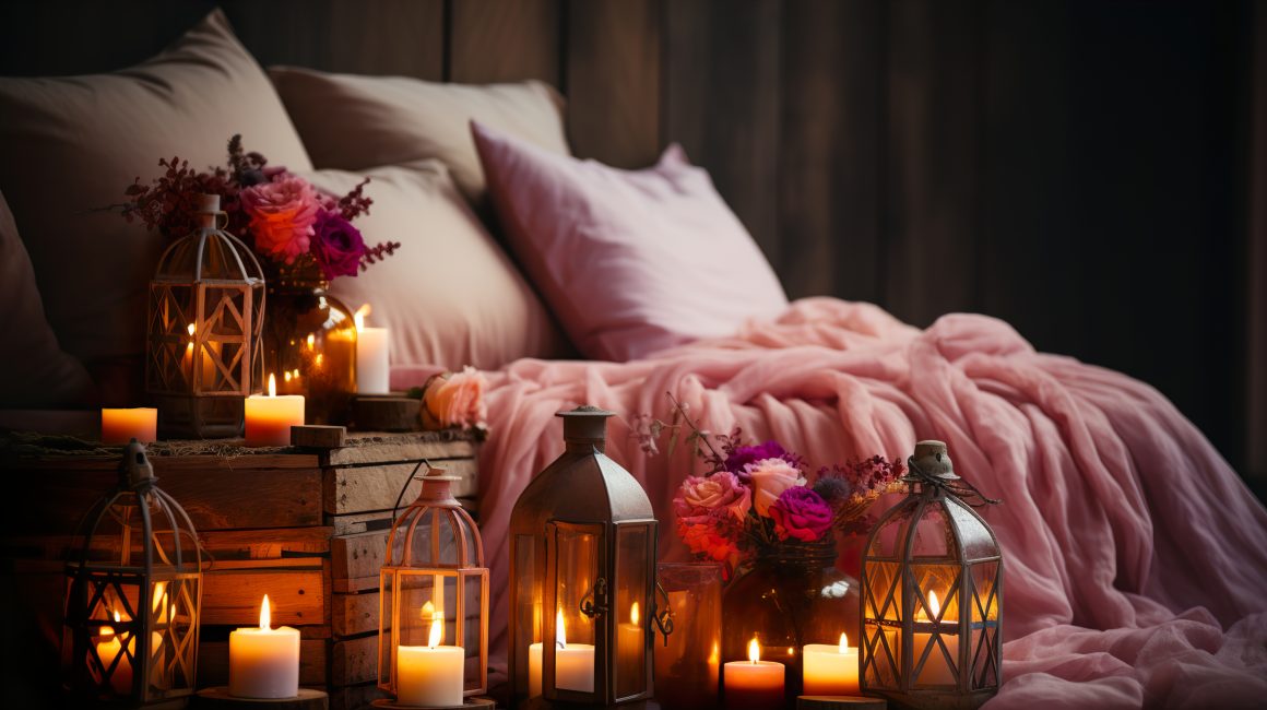 Décoration chambre adulte romantique incluant lit avec couverture rose, bougies, lanternes et fleurs