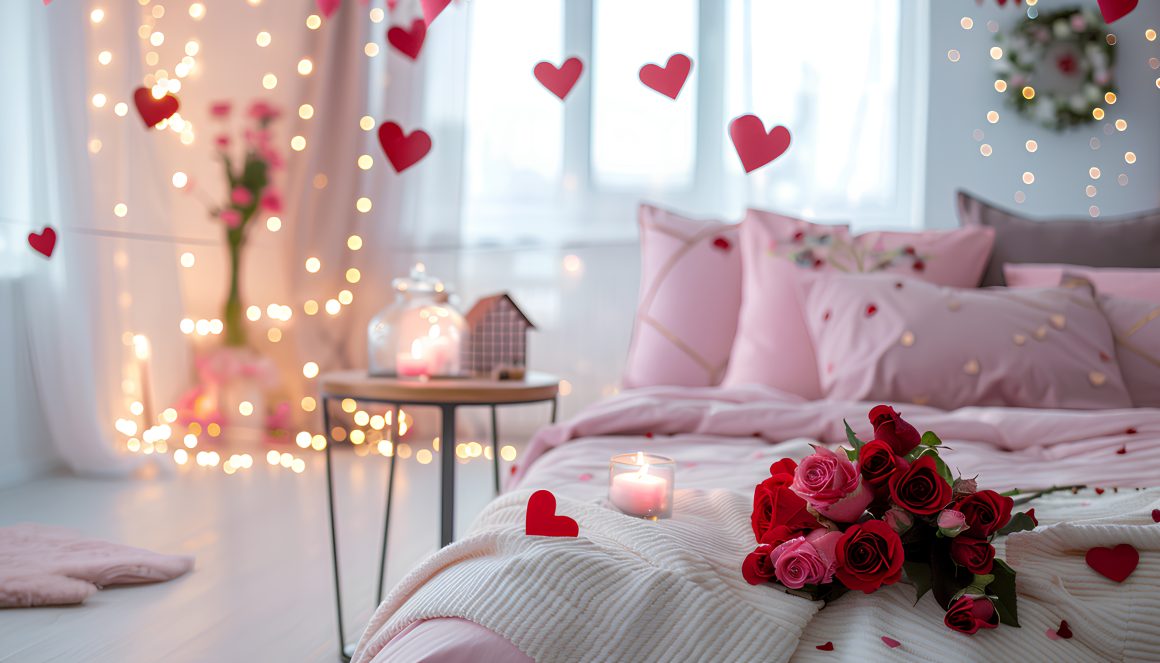 Décoration Saint Valentin chambre rose avec pétales, fleurs, bougies, guirlandes, et cœurs suspendus