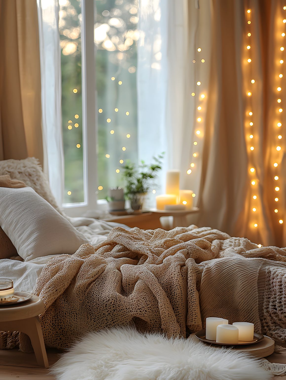 Chambre romantique cosy avec couvertures en laine, coussins, bougies et guirlandes lumineuses.