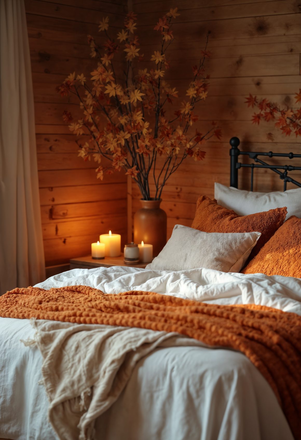 Chaleureuse chambre en bois avec literie douce blanche, plaids orange, coussins moelleux et bougies