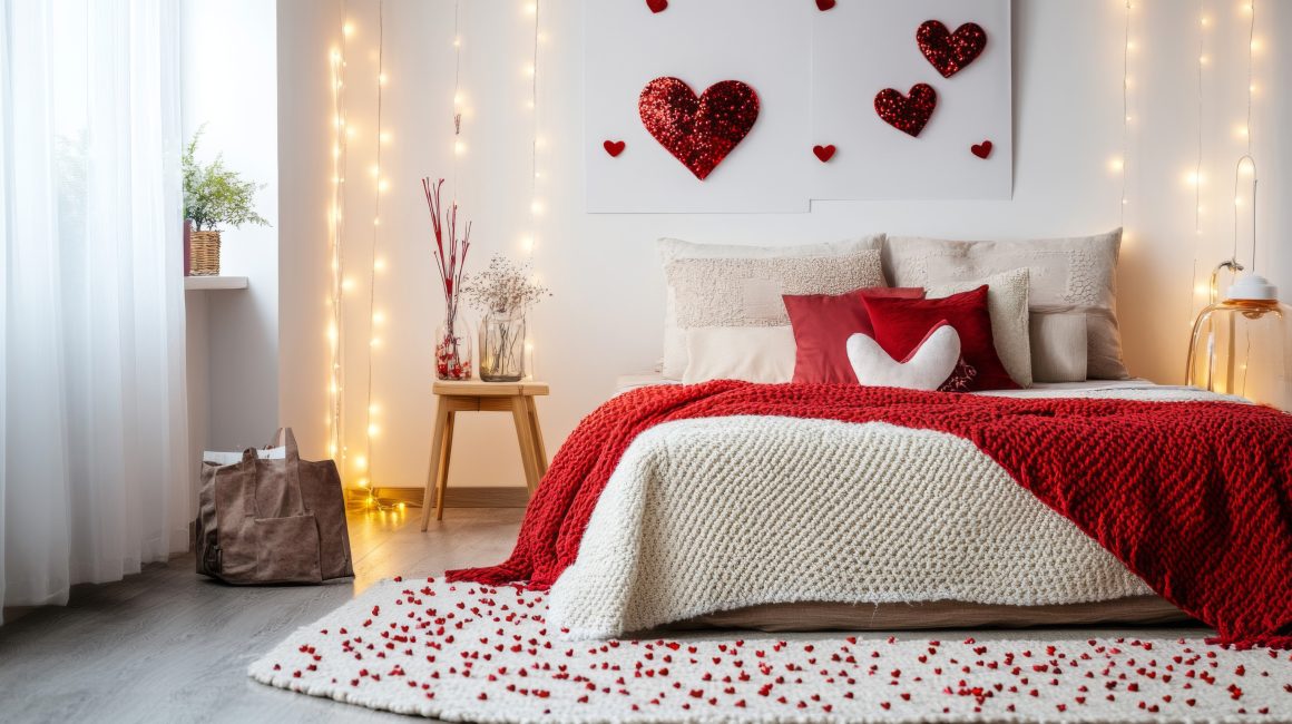 Chambre romantique décorée de rouge et blanc avec coussins en cœur, tapis parsemé de pétales et guirlandes lumineuses