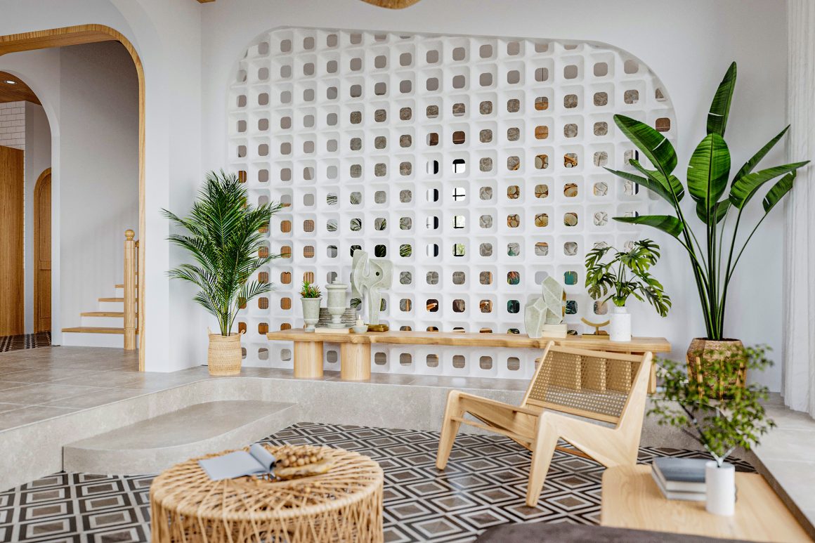 Salon lumineux avec déco naturelle, mur perforé, plantes vertes et mobilier en bois