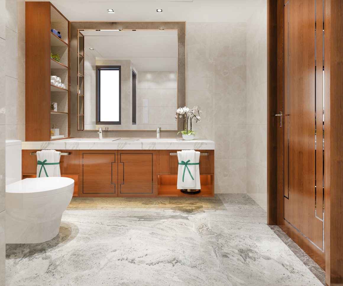 Salle de bains moderne : lavabo double, miroir, meubles en bois, vasque, baignoire et carrelage clair