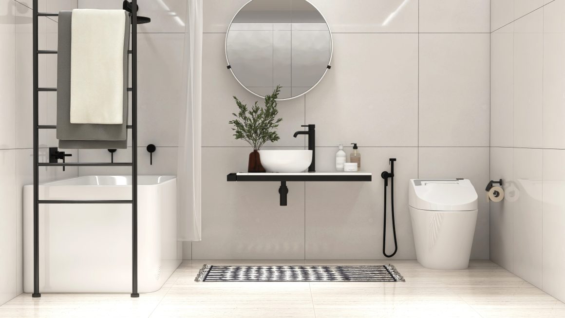 Salle de bain minimaliste avec carrelage blanc, miroir , étagère noire, vasque, plantes, tapis et baignoire