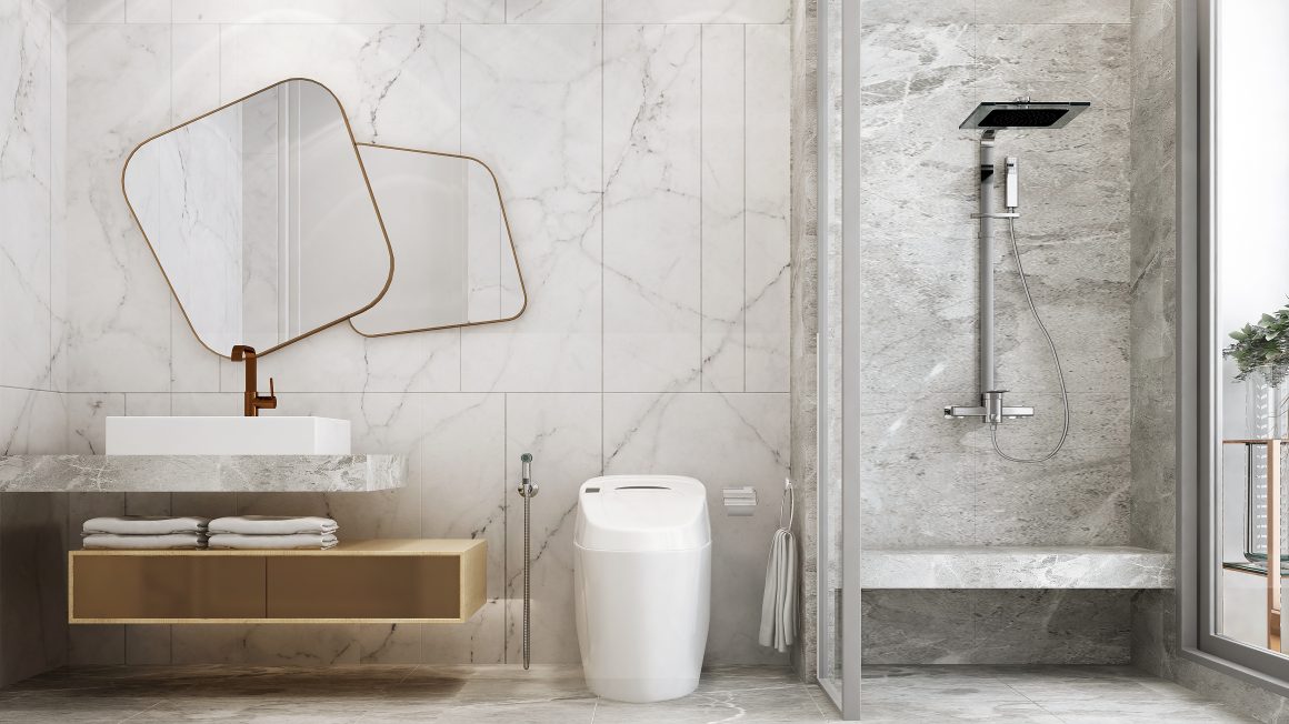 Salle de bain avec carrelage en marbre, meuble flottant en bois, miroirs géométriques et douche vitrée
