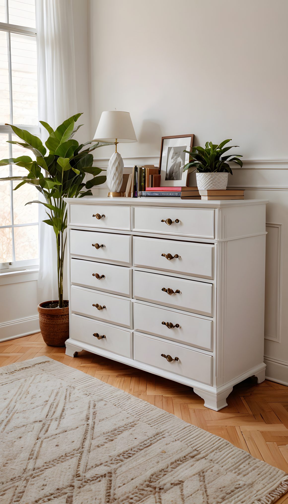 Commode blanche décorée par une lampe, livres, cadre photo et petite plante en pot