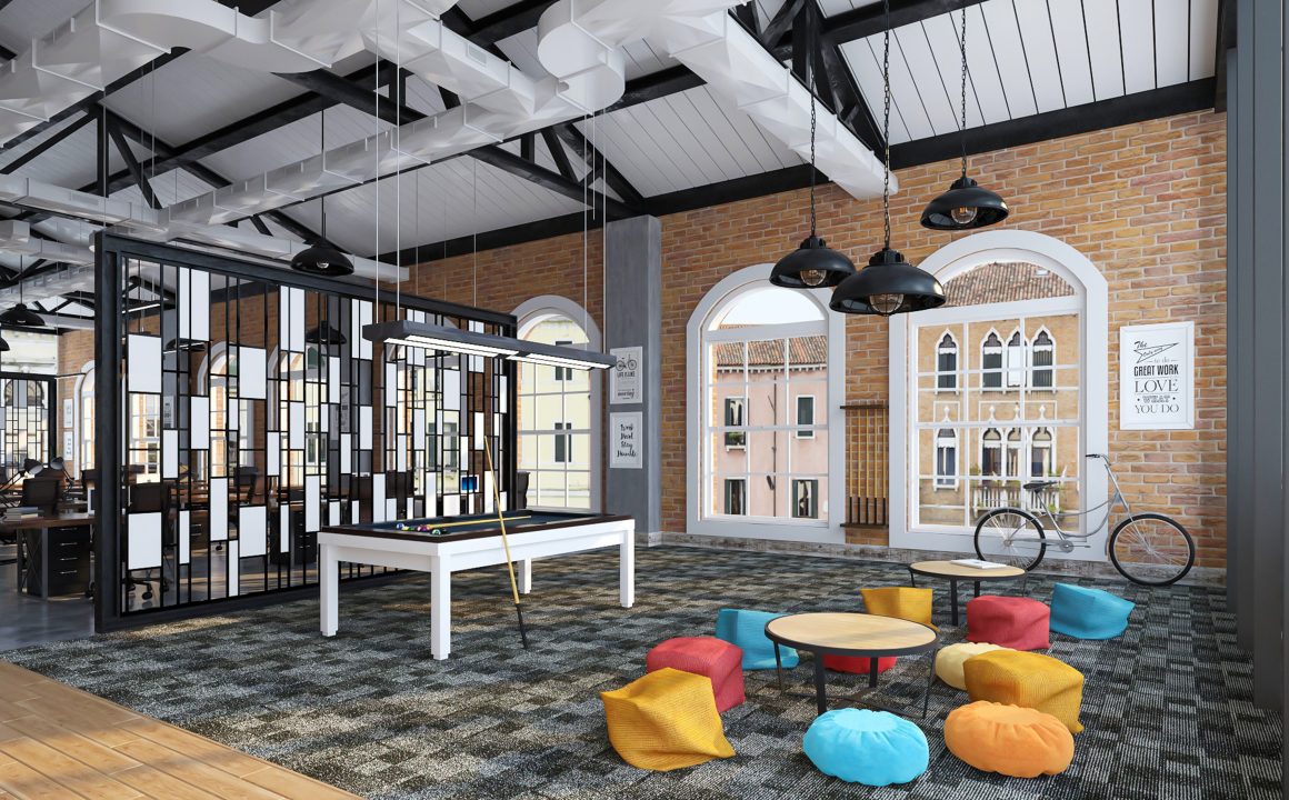 Aménagement salle de repos entreprise avec plafond haut, table de billard, poufs colorés et tables basses