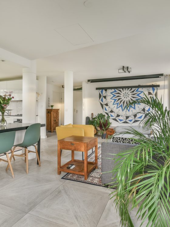 Pièce de vie lumineuse avec mobilier contemporain, plantes abondantes, tapis et luminaires