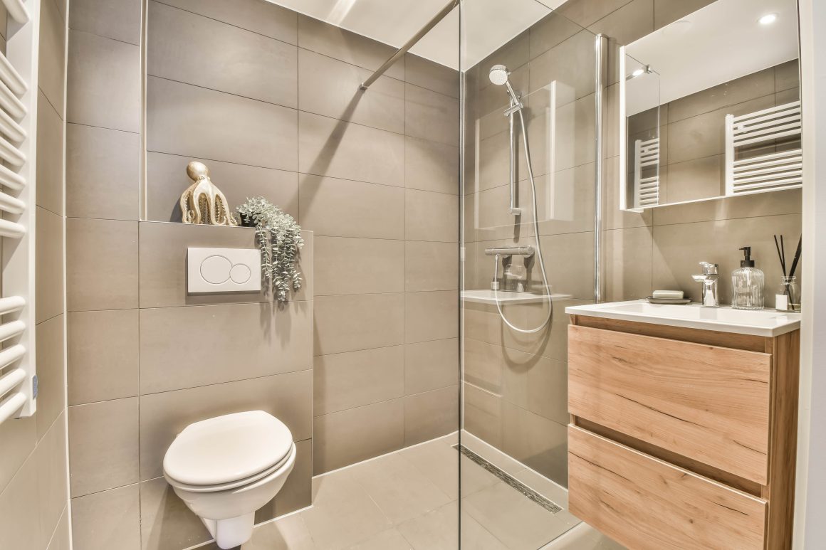 Carrelage de salle de bain moderne aux tons taupe et beige avec douche vitrée, lavabo, WC et plantes