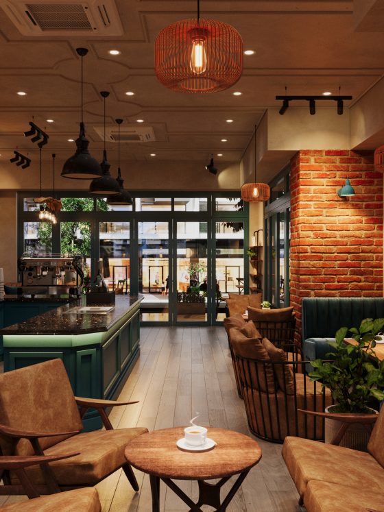Agencement café au style industriel avec banquettes en cuir, comptoir vert, briques apparentes, luminaires et plantes vertes