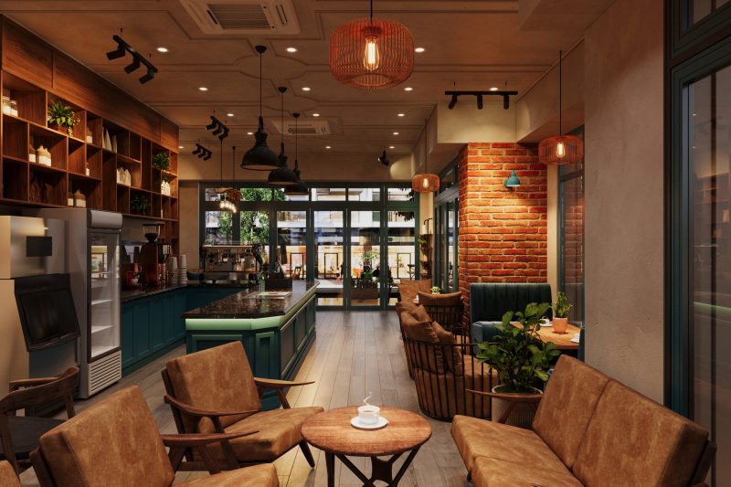 Agencement café au style industriel avec banquettes en cuir, comptoir vert, briques apparentes, luminaires et plantes vertes