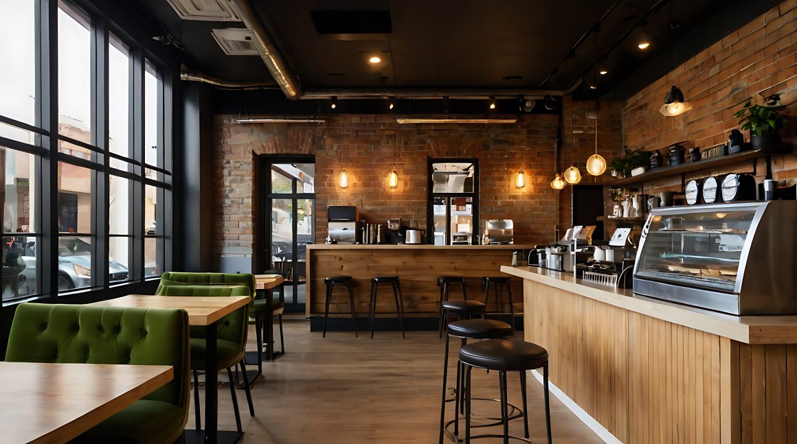 Aménagement café au style industriel avec briques apparentes, comptoir lumineux, fauteuils verts et luminaires