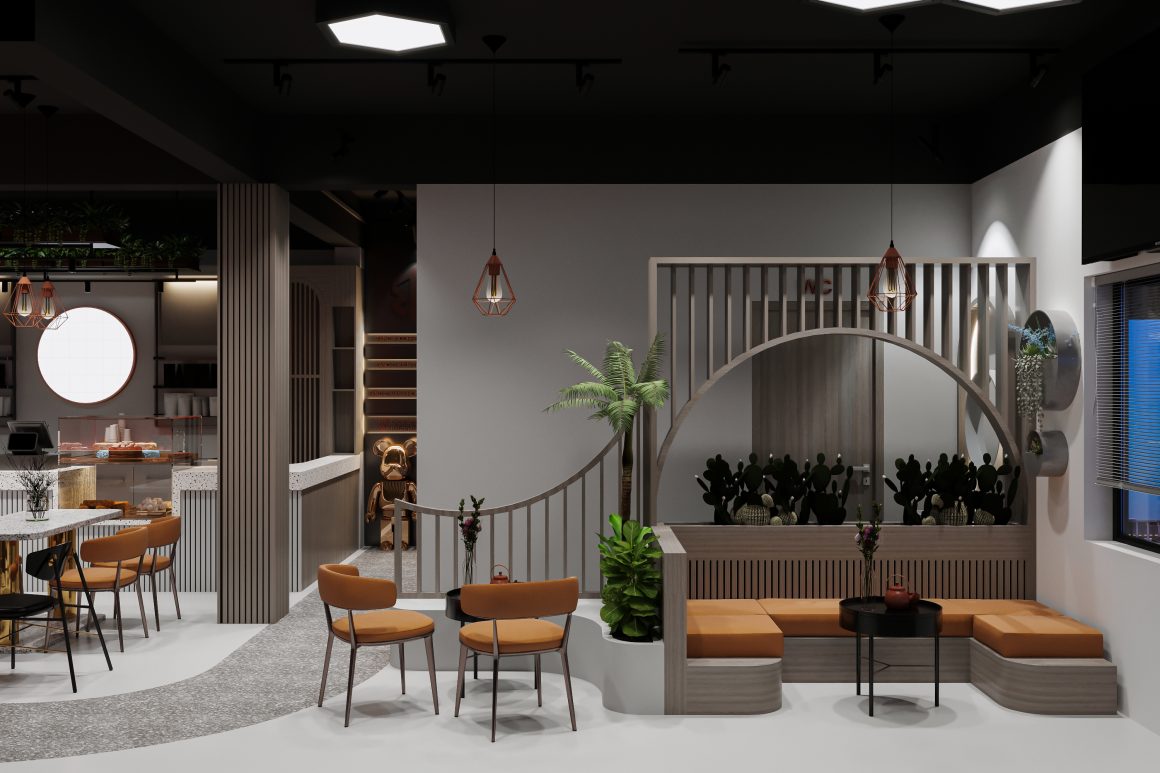 Café aux tons neutres incluant sièges orange, banquette, plantes, luminaires suspendus et comptoir