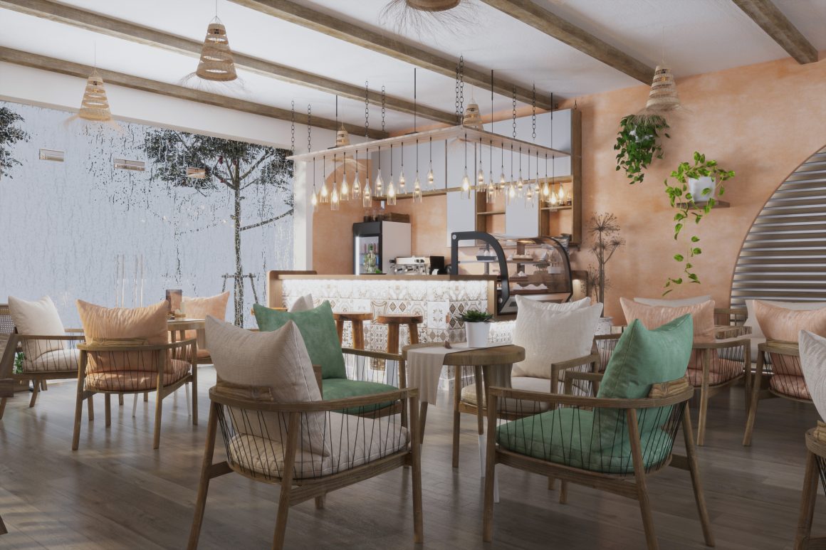 Café lumineux au style bohème : chaises en rotin, coussins pastel, comptoir en bois et plantes suspendues