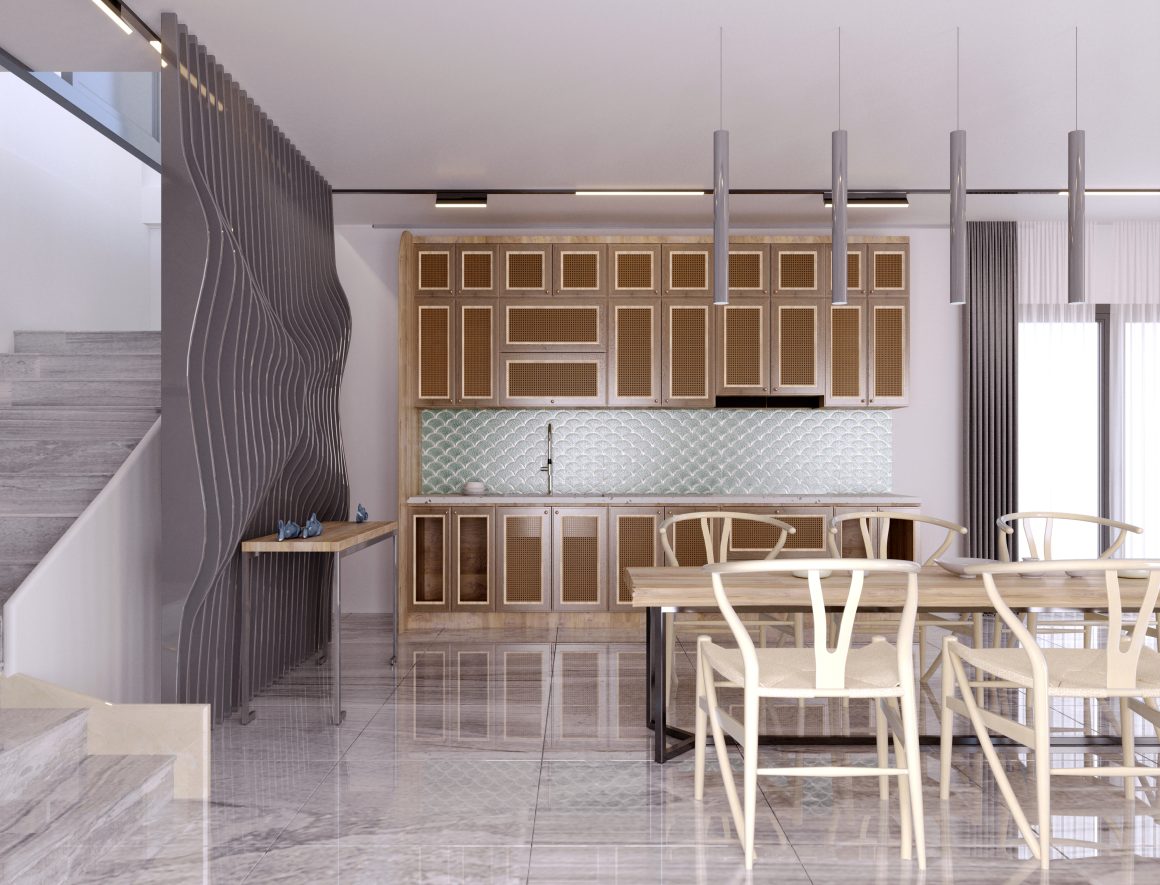 Réfectoire moderne aux tons bois et gris avec cloisons ondulées, carrelage en marbre et large table